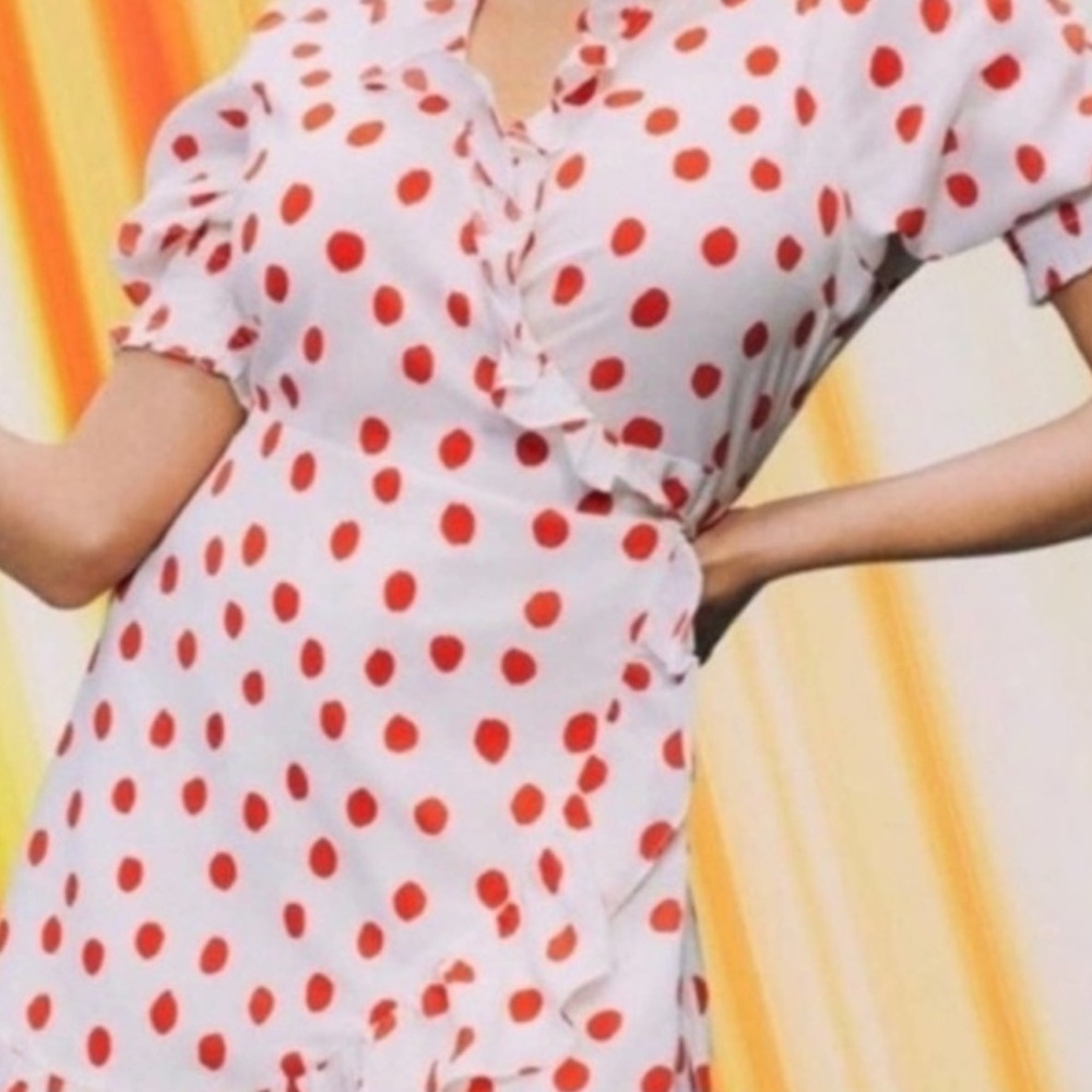 RIXO White and Red Polka Dot Long Sleeve Dress